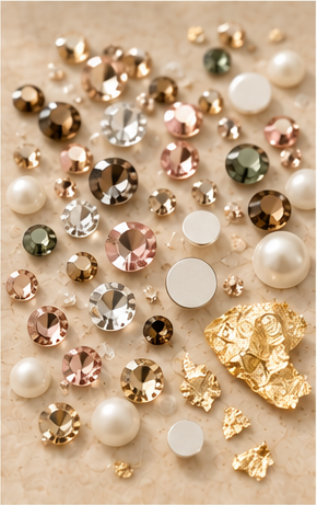 Strass, perles et feuilles d'or étalés