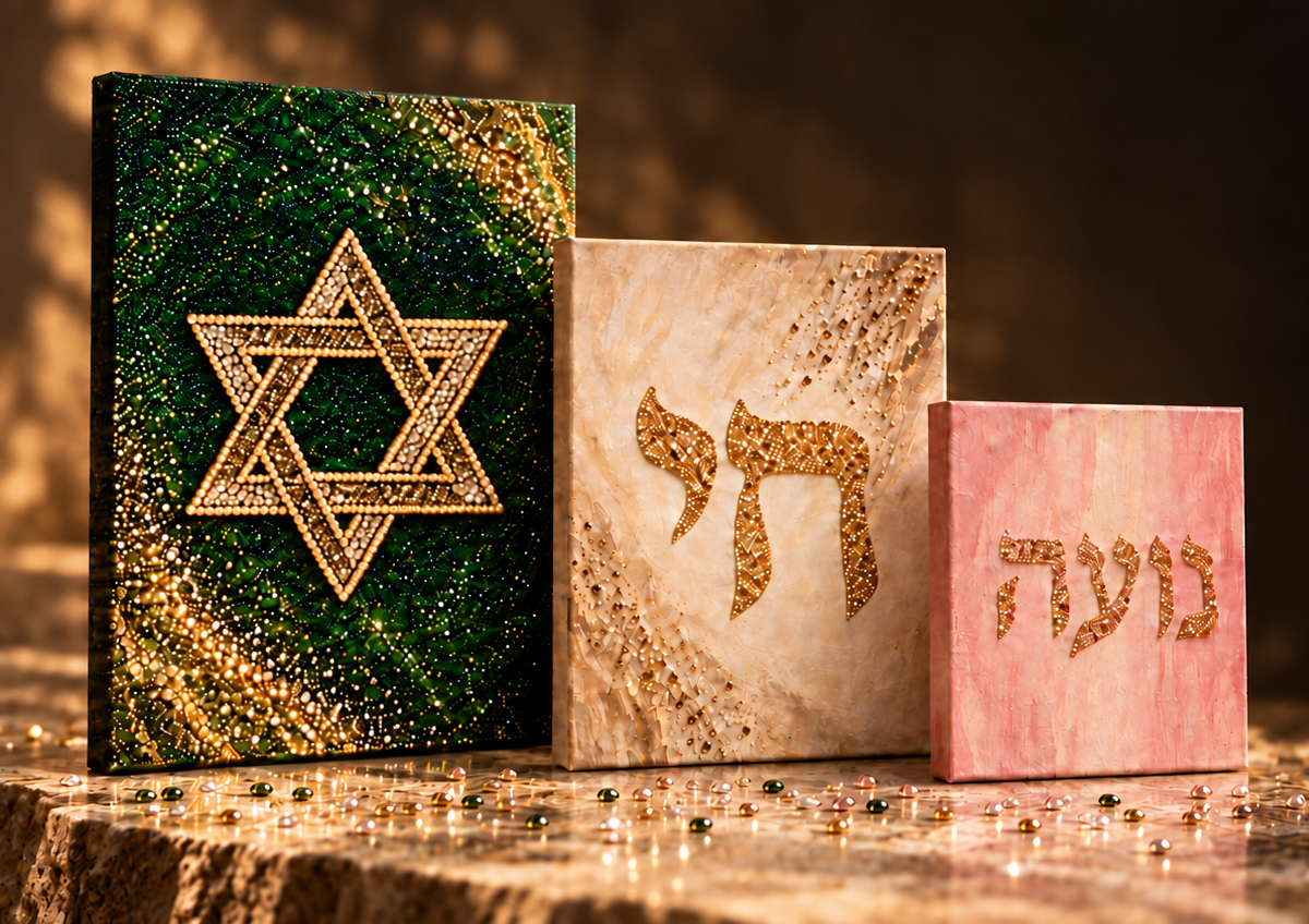 Trois toiles NitzOr vert foncé, ivoire et rose ornées de strass